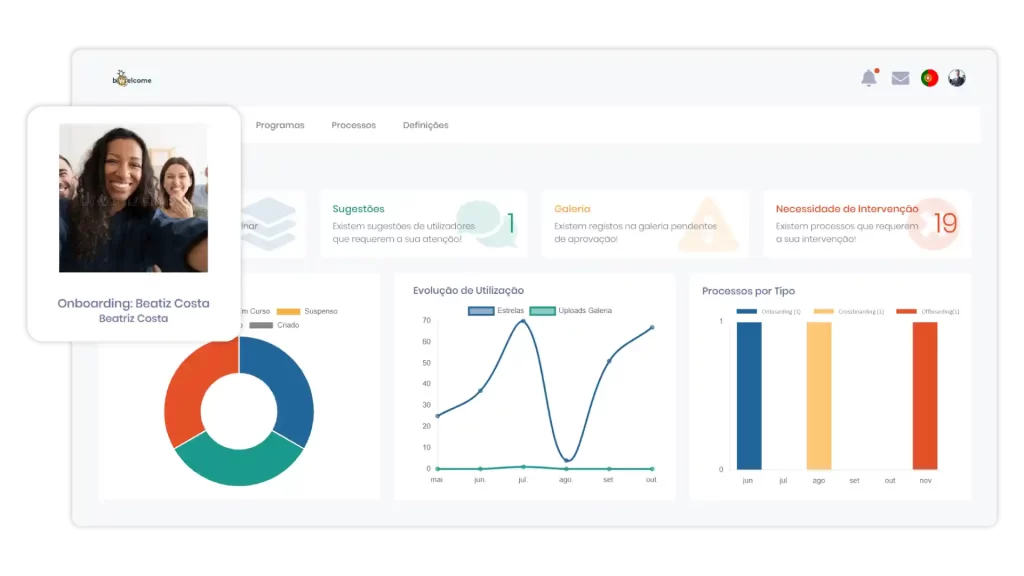 Menu inicial do onboarding com opções de navegação e funcionalidades do sistema.