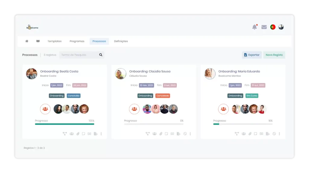 Perfil do colaborador no onboarding com progresso, tarefas e informações pessoais.